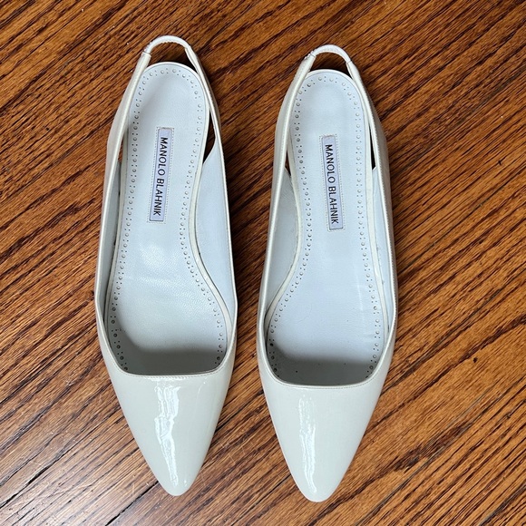 Manolo Blahnik Shoes - Manolo Blahnik white patent leather semi-pointed toe sling back flats